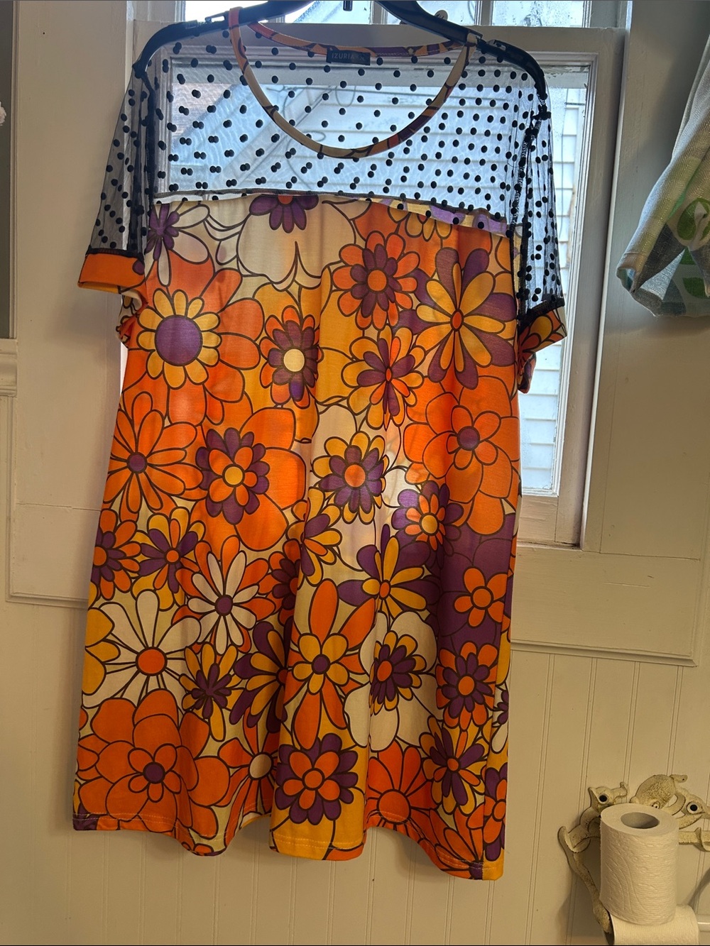 Izuria XL Retro Mod Floral Swing Dress Mesh Polka Dot Yoke Boho hippie